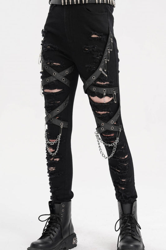 Punk Pants for Women with Ripped Mesh and Chain Detail