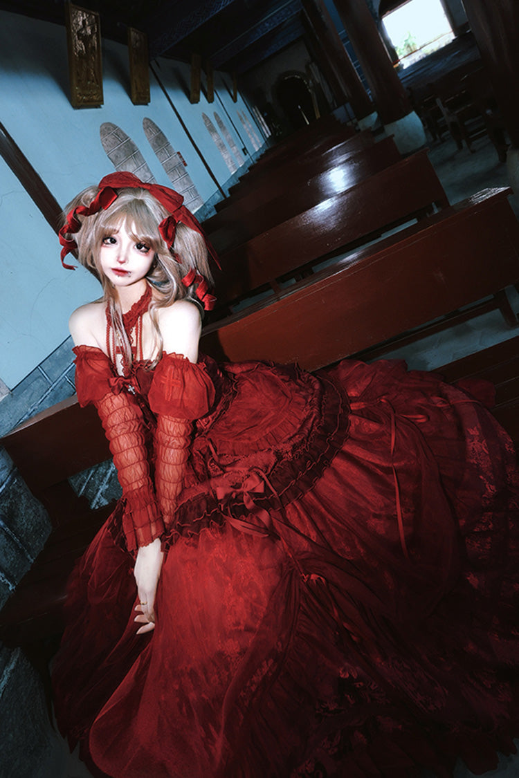 Wine Red Cross Halterneck Lace-Up Gothic Lolita Dress - Princess Ruffled