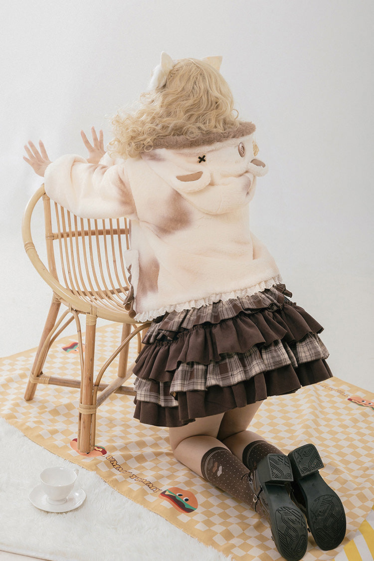 Cream Mocha Bear Print Hooded Bow Sweet Lolita Coat