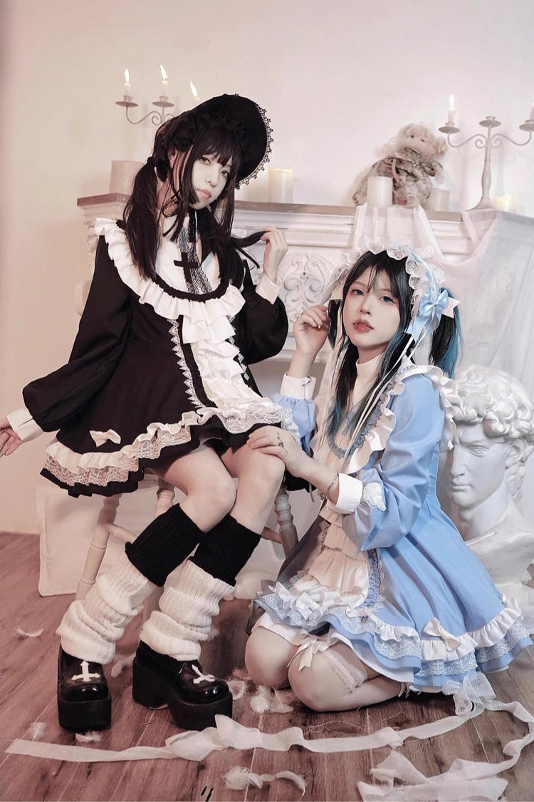 White/Blue Long Sleeves Cross Print Nun Style Ruffle Multi-Layer Sweet Lolita Dress