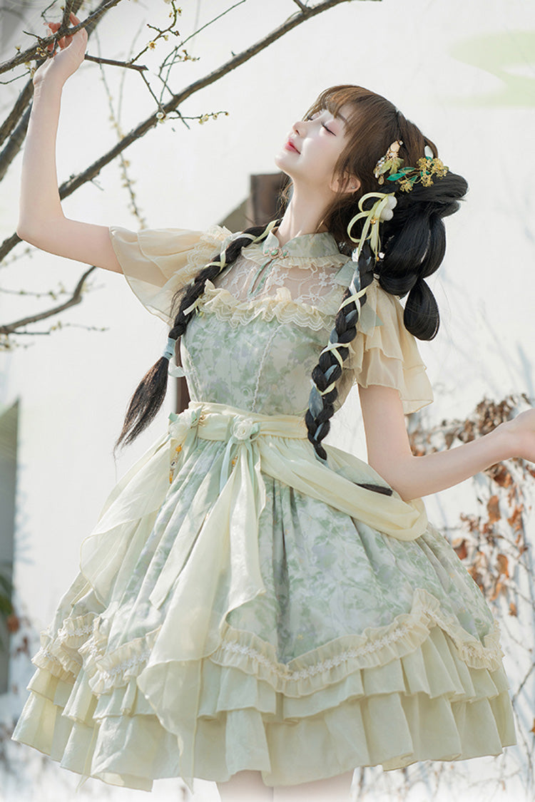 Jade Chiffon Double-Ruffle Bowknot Lace Chinese-Style Lolita Dress