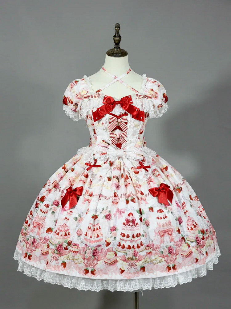 Print Set Dress Full Lolita Bow / Sweet Accents Cake Strawberry White