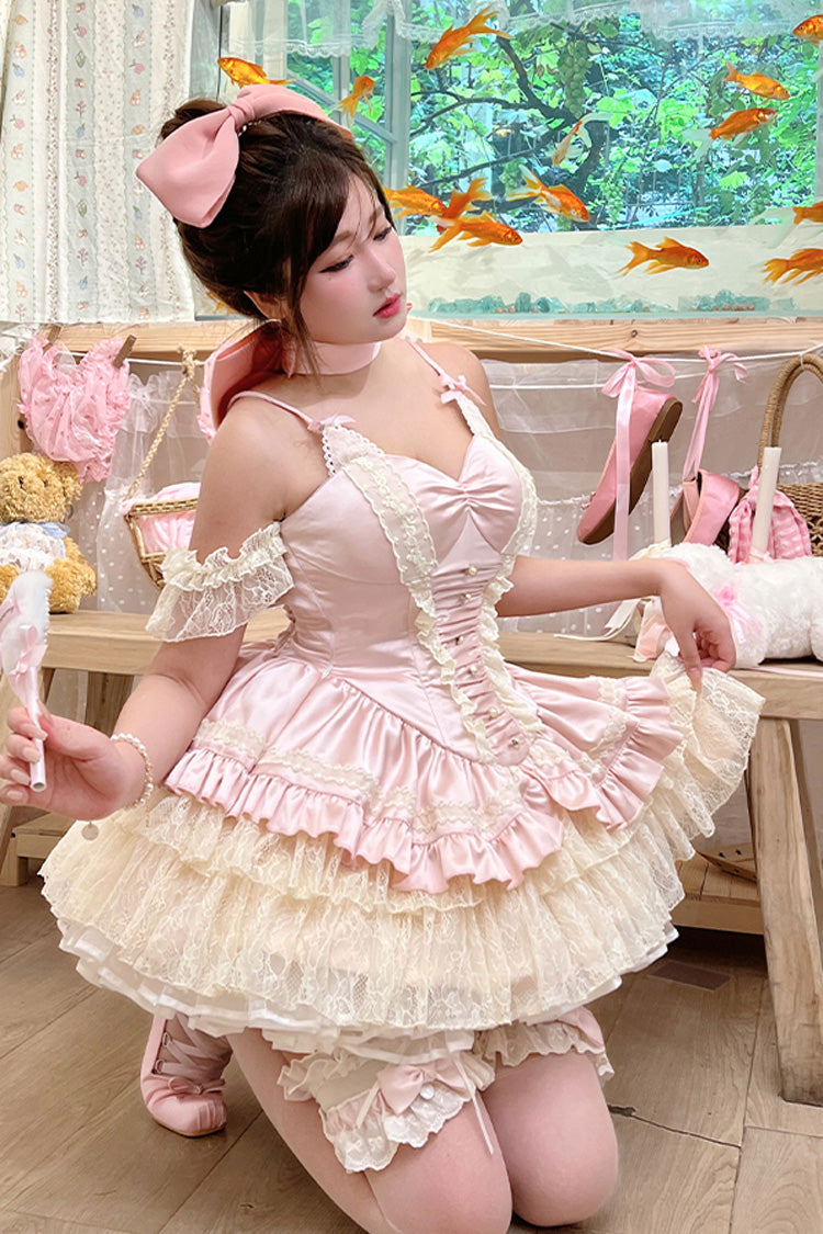 Pink Ballet Cat Multi-Layered Ruffled Lace Sweet Princess Dress