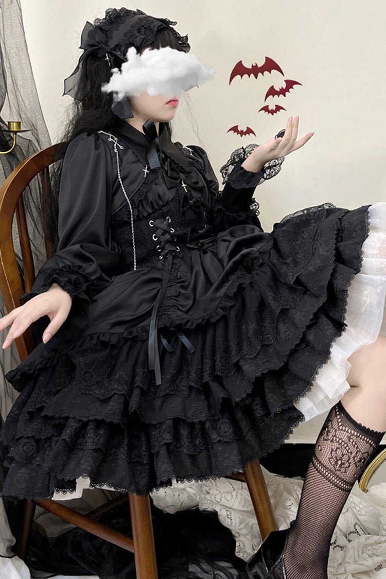 Jet Multi-Layered Bow Lace JSK Dress - Cross of Merit