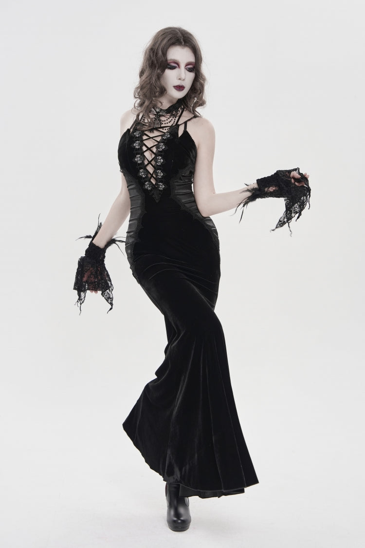Off Shoulder Sleeveless Spliced Lace-Up Slim Pleated Gothic Jsk Dress