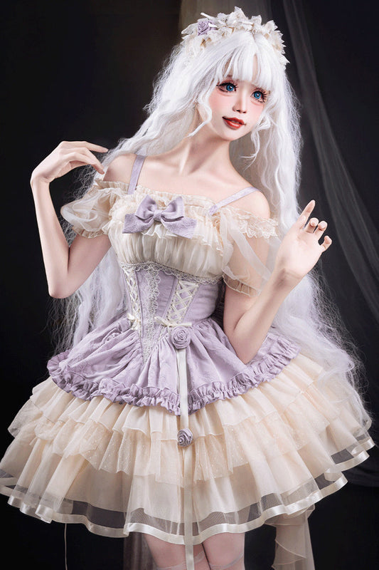 Triple-Layered Ballet Bow Lace-Up Sweet JSK Dress in Purple Ivory