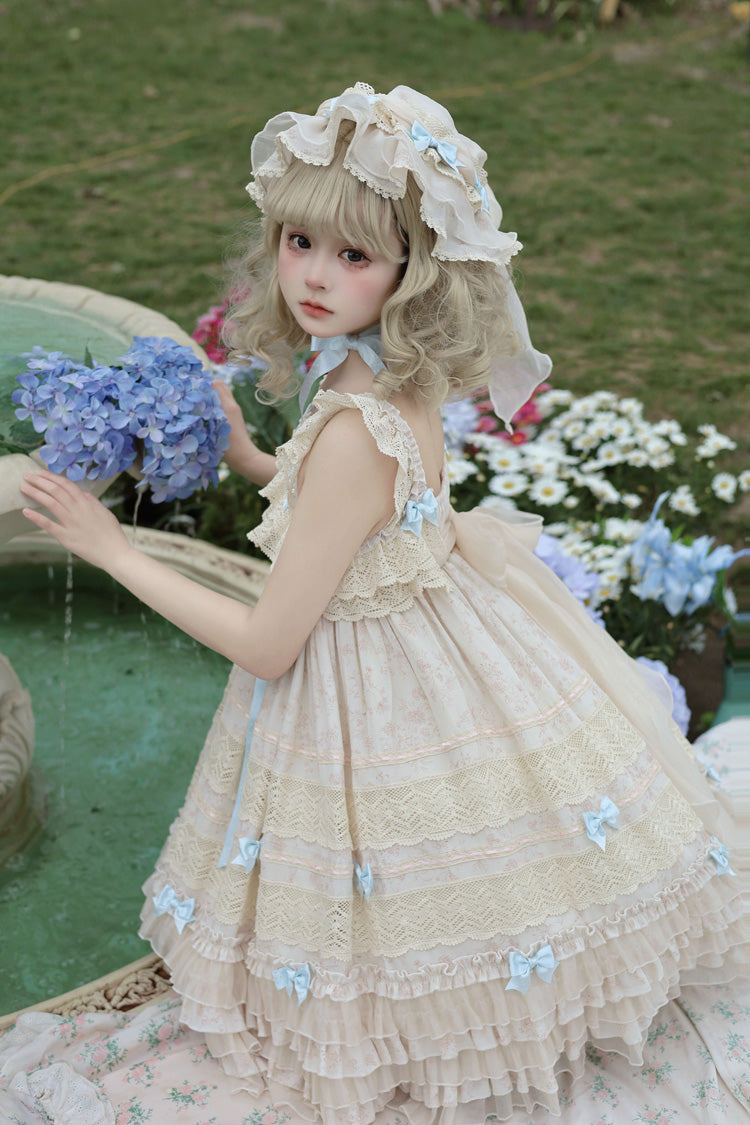 Beige Little Wind Chime Sleeveless Multi-Tiered Printed Ruffled Bow Lace Sweet Elegant Princess Lolita Jumper Dress