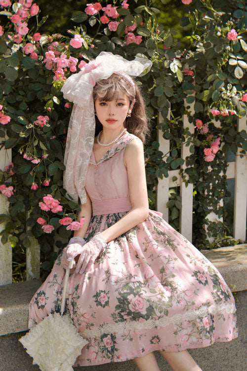 Floral V-Neck Sleeveless JSK with Ruffles in Pink