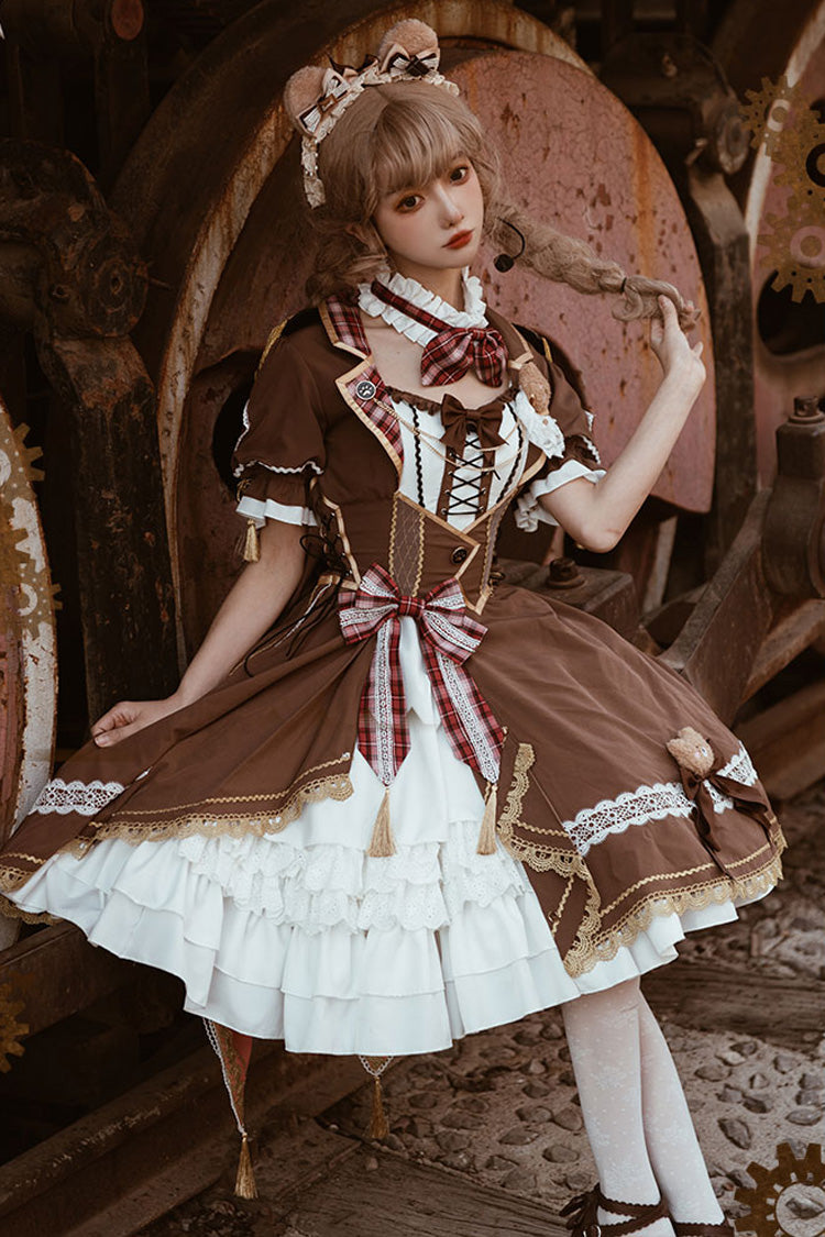 White/Brown Bear Print Gothic Dress with Ruffle Cardigan