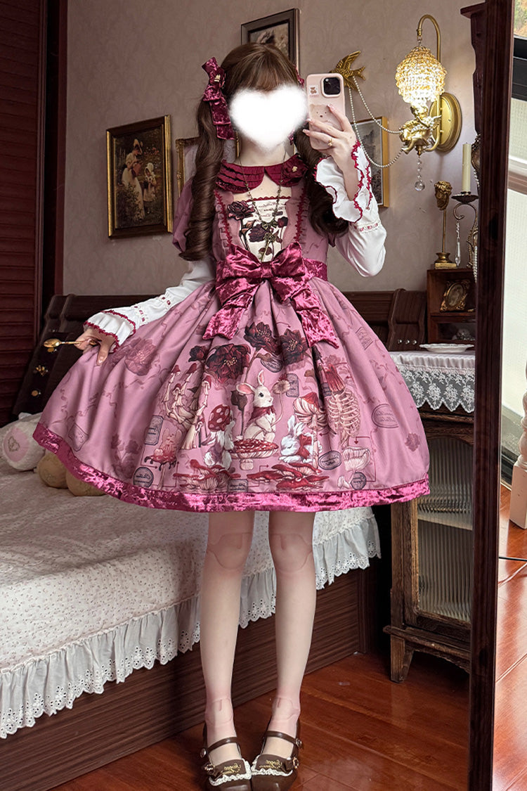Short Sleeve Rabbit Sunflower Print Ruffle Embroidery Bow Sweet Dress in Red