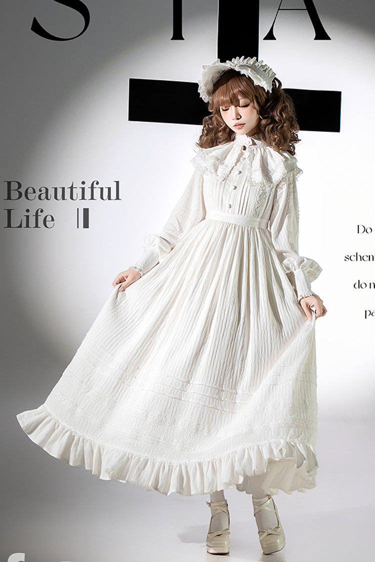 Ivory Long Sleeve Jacquard Gothic Dress with Bows - Quiet Place