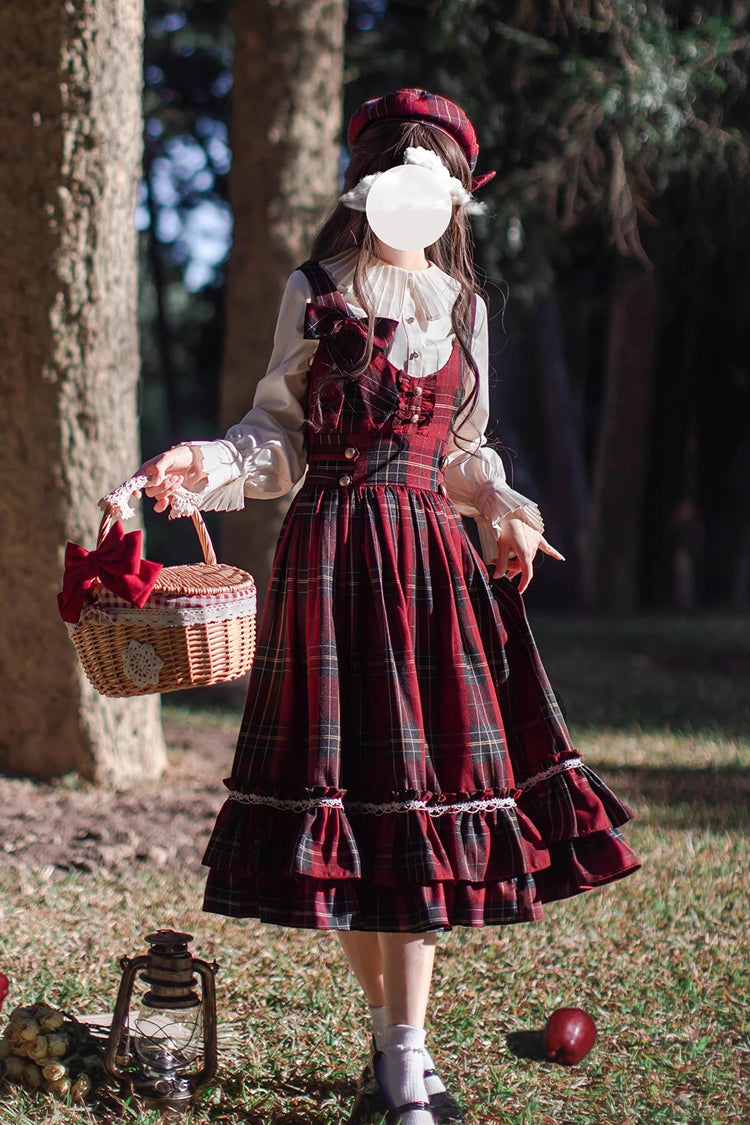 Red Plaid Print Bow Sweet Vintage Jumper - Little Red Riding Hood