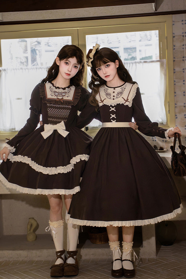 Brown Double-Layered Ruffled Bouquet Embroidered Bow Sweet Lolita Dress - Miss Brown