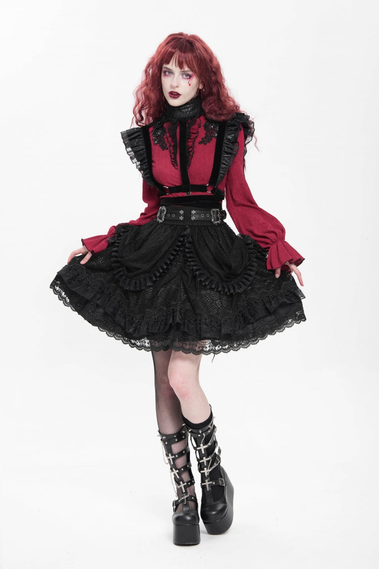 Gothic Skirt with Ruffle and Buckle Straps, Black
