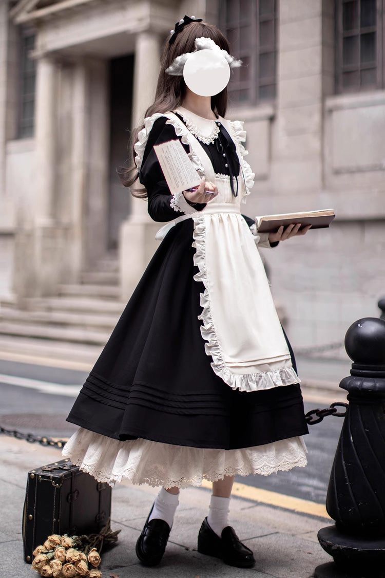 Black Doll Collar Long Sleeve Bow Classic Vintage Dress - Angelina