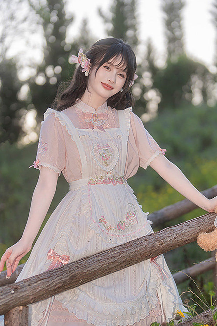 Blush Mandarin Collar Short Sleeve Ruffled Embroidered Lace Sweet Chinese Inspired Lolita Gown