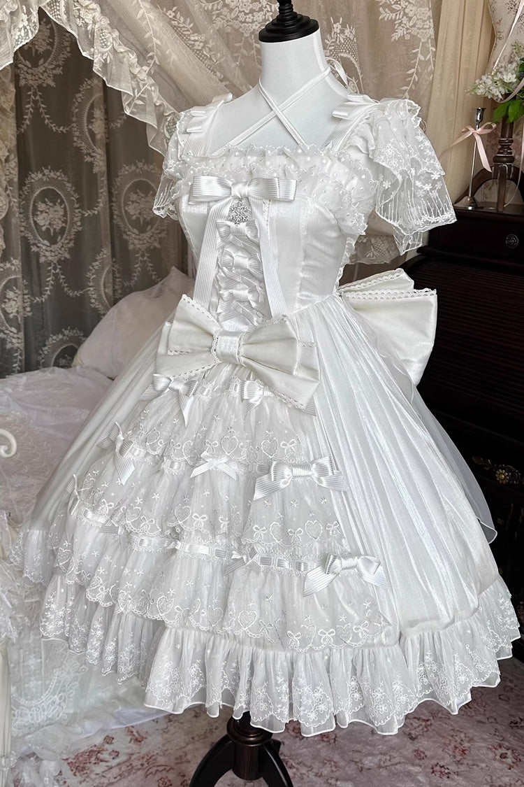 Ivory and Pink Snow of Love Ruffled Hanayome Open-Front Bow Lace Sweet Princess Lolita Dress