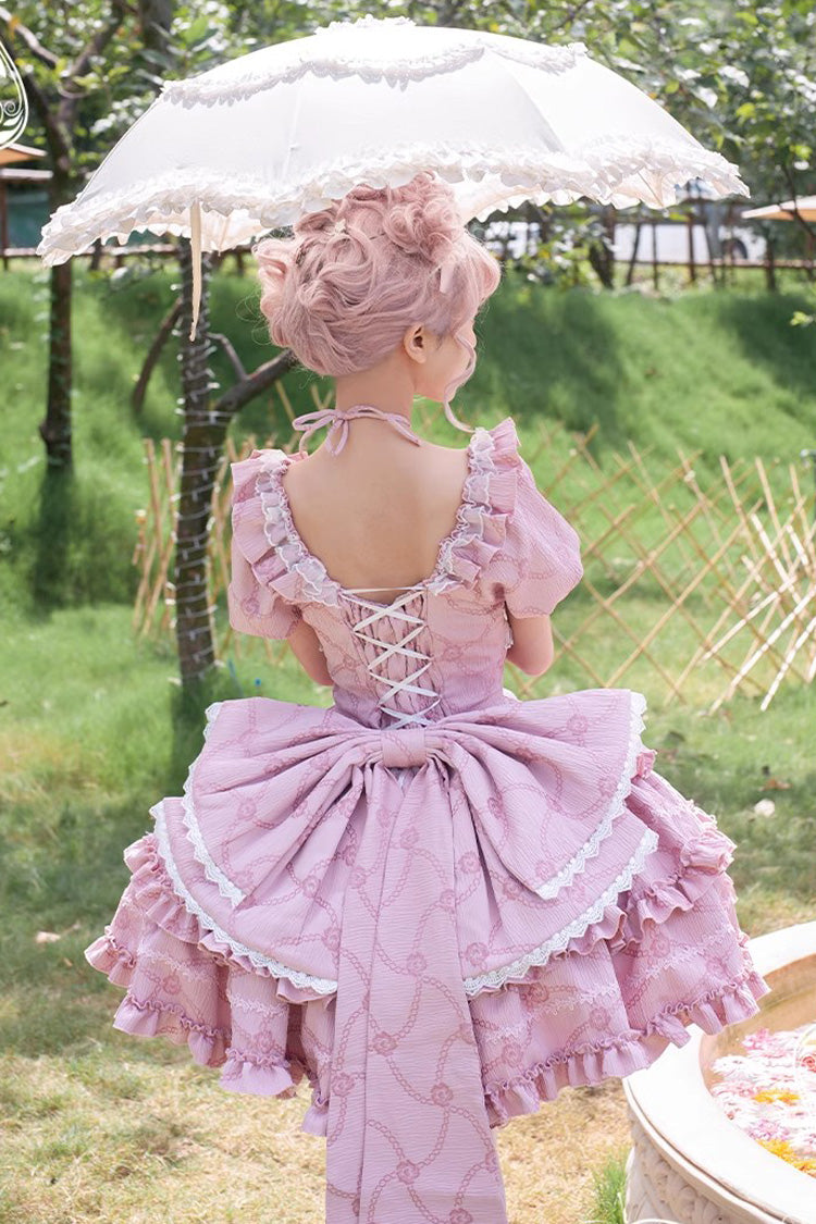 Blush Square Collar Short Sleeve Triple-Layered Ruffle Bowknot Sweet Lolita Gown