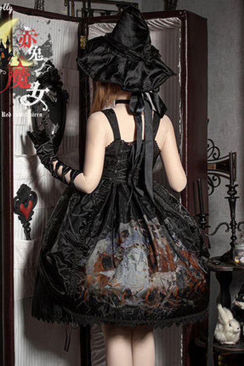 Gothic Lolita High-Waisted Witch Style Black Lace Organza Ruffled JSK Frocks