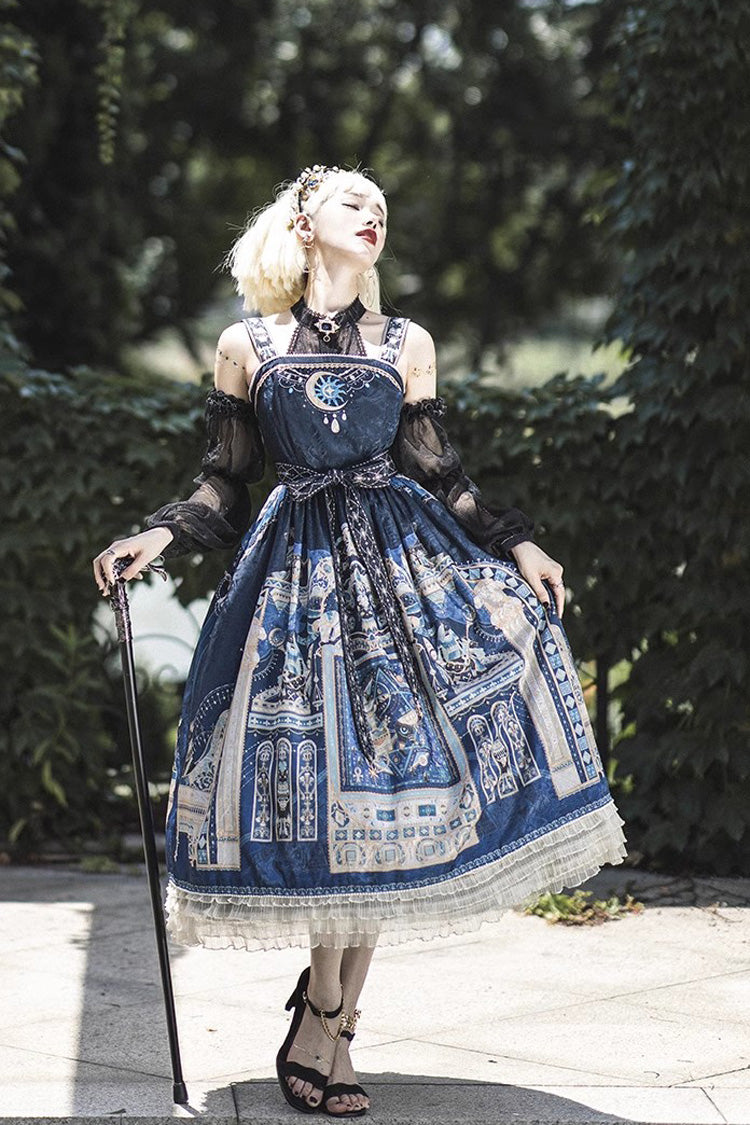 Gothic Lolita Dress with Egyptian Print, Ruffles, Dusk Style
