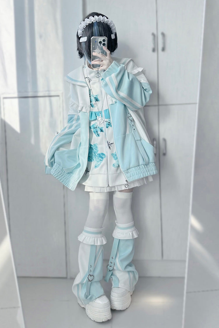 Ruffle Color Block Zip Up Jirai Coat with Long Sleeves in Three Variants