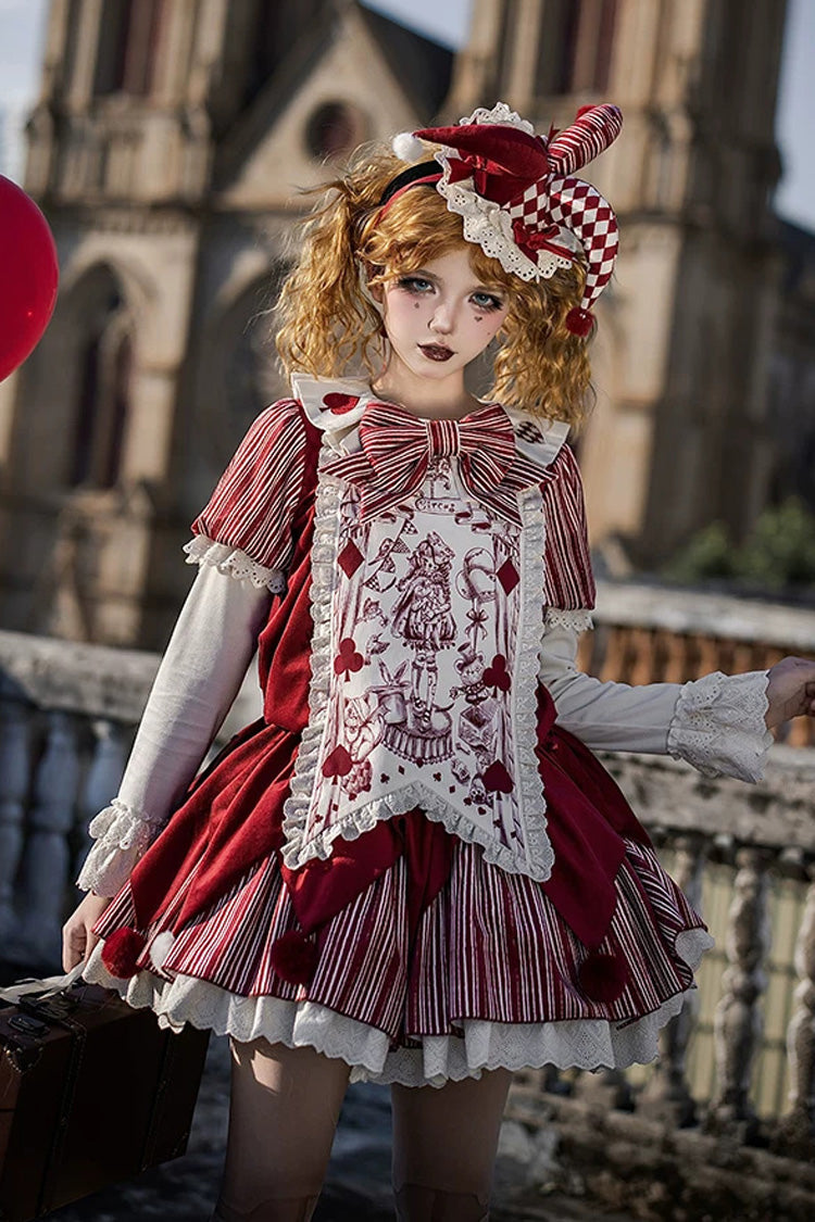 Gothic Lolita Dress Set with Ruffled Bow and Long Sleeves - Red