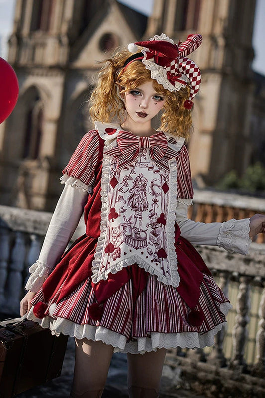 Gothic Lolita Dress Set with Ruffled Bow and Long Sleeves - Red
