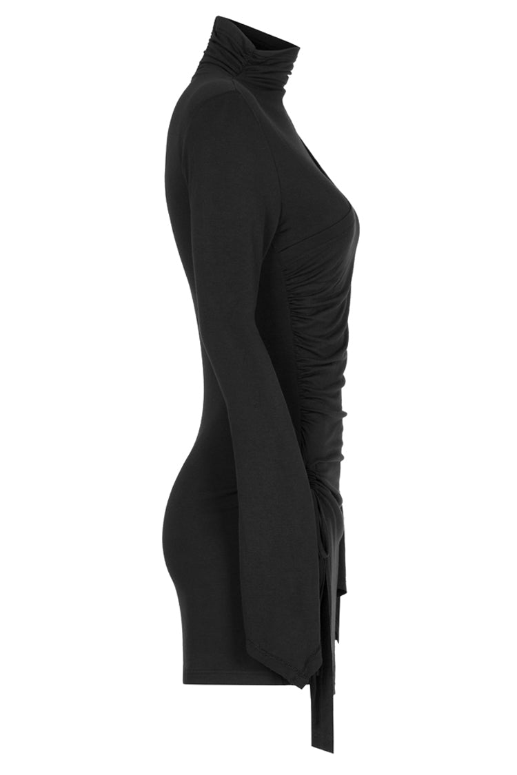 Cashmere Knit Cross Fold Tie High Collar Pleated Punk Dress