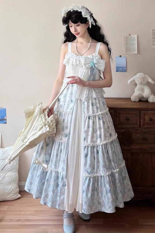 Elegant Princess Bowknot Cardigan Lace Light Blue Shell Print Jsk Dress