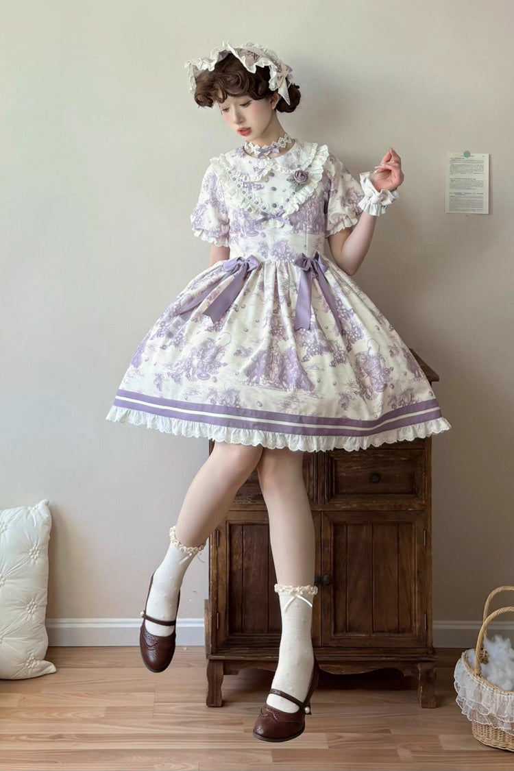 Violet Multi-Layered Ruffled Bow Short Sleeve Lolita Dress by Grape Moon Almanac - Grape Moon Almanac