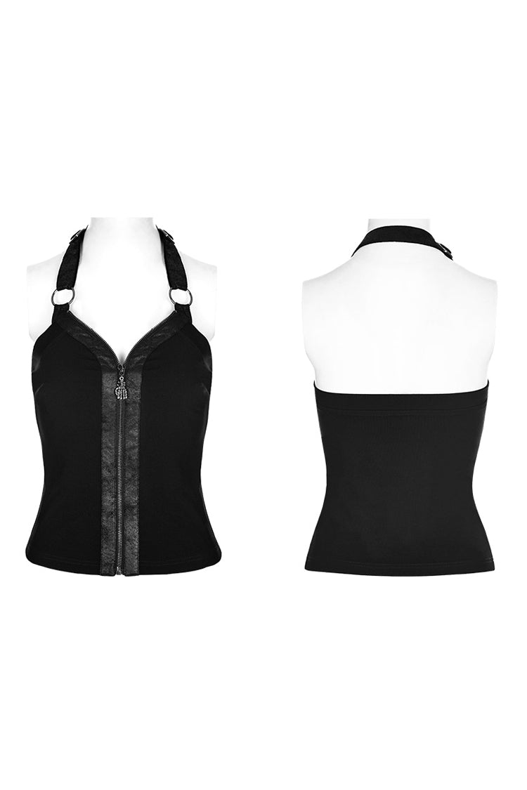 Chic Black Backless Embroidered Zipper Sleeveless Halter Punk Vest