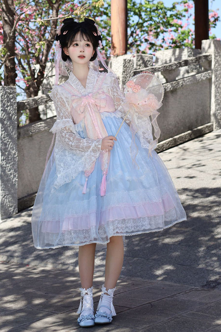 Peach Blossoms in Spring Fields Sweet Chinese Lolita JSK with Ruffles