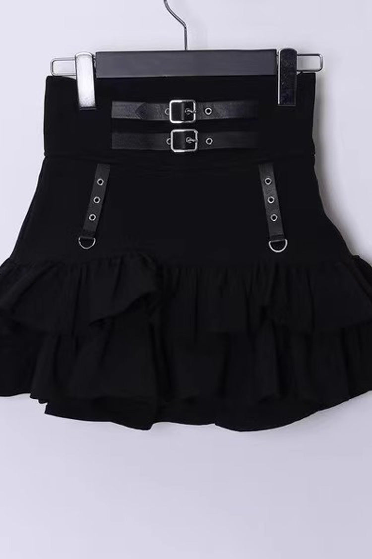 Black High Waist Ruffle Leather Buckle Gothic Jirai Kei Skirt