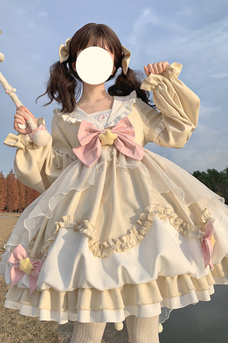 Pray Star Sweet Lolita Dress with Double Ruffles and Stitching