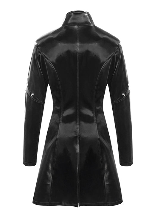 Long Leather Punk Coat with Zipper and Rivet Shine