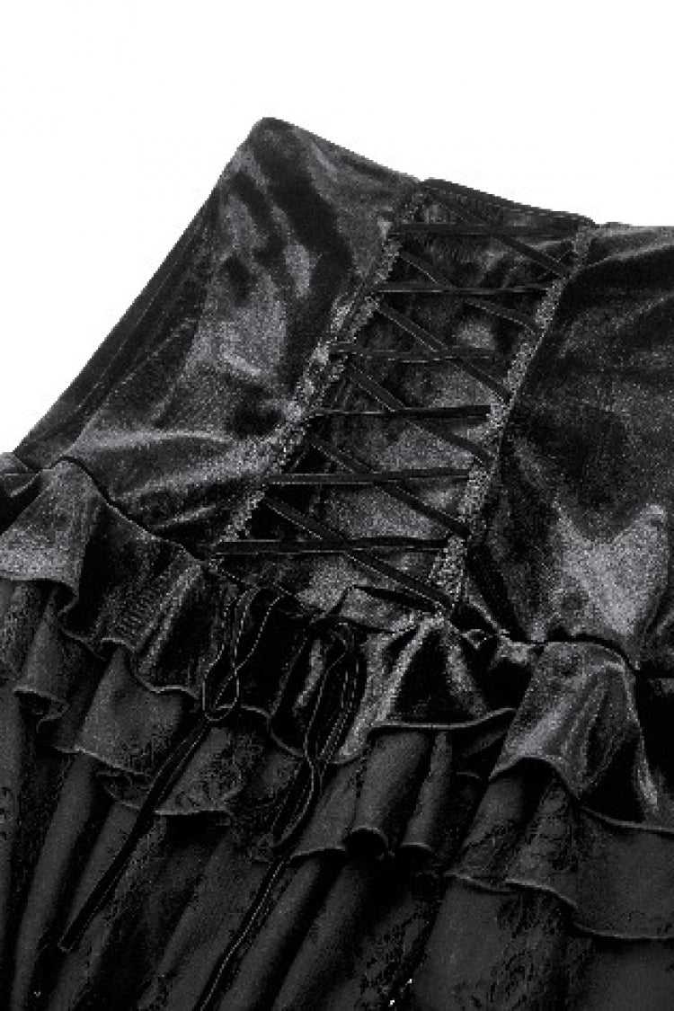 Gothic Velvet Long Skirt with Lace and Lace-Up, Black