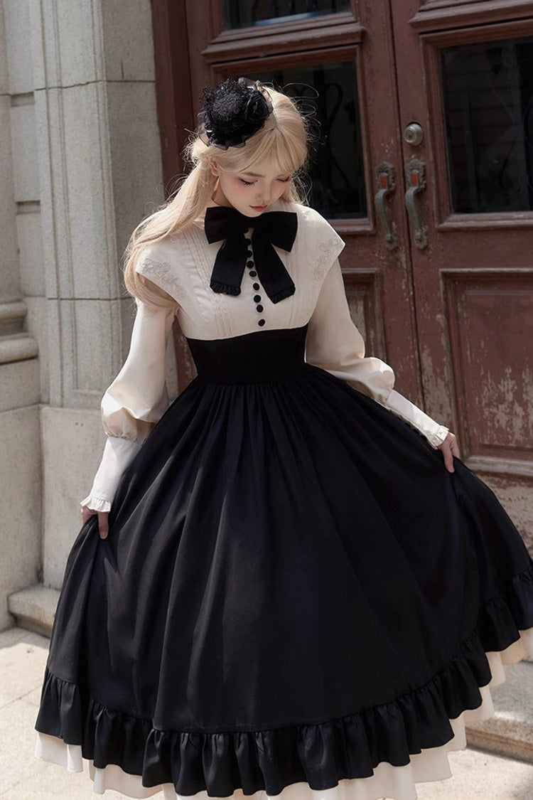 Elegant Rose-Embroidered Long-Sleeve Ruffle Bow Dress with Faux Two-Piece Style in 2 Shades