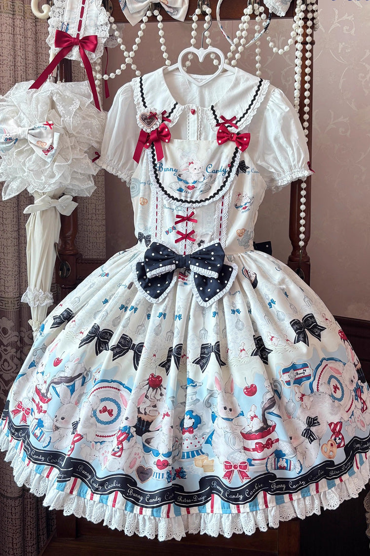 Sleeveless Print Ruffle Bowknot Lace Sweet Lolita Jsk Dress Beige