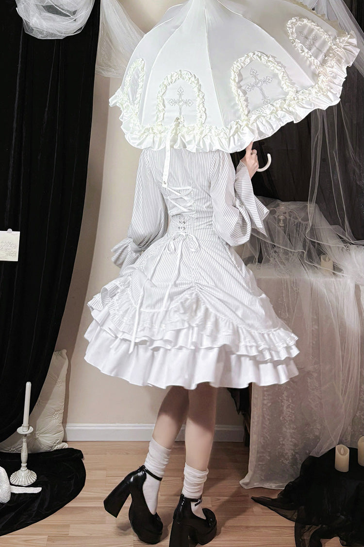 Ivory Manor Point Striped Ruffle Hem Bow Gothic Skirt
