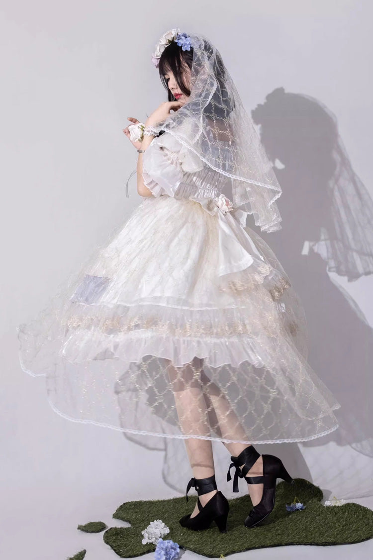 Long Sleeve Multi-Layer Ruffle Bow Lace Lace-Up Sweet Princess Lolita Dress - Grey Blue