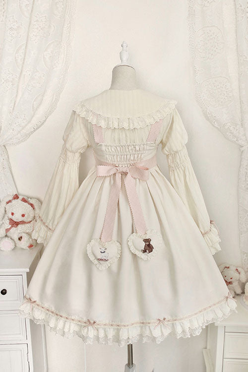 Ivory Sheep & Bear Print Alice Girl Bow Ruffled Sweet Lolita JSK Dress - Altfashion Shop