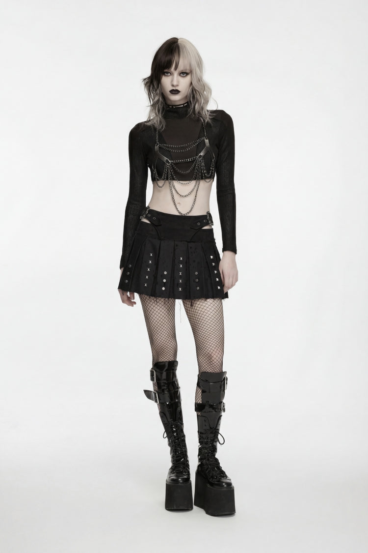 Studded Pleated Preppy Punk Skirt for Women