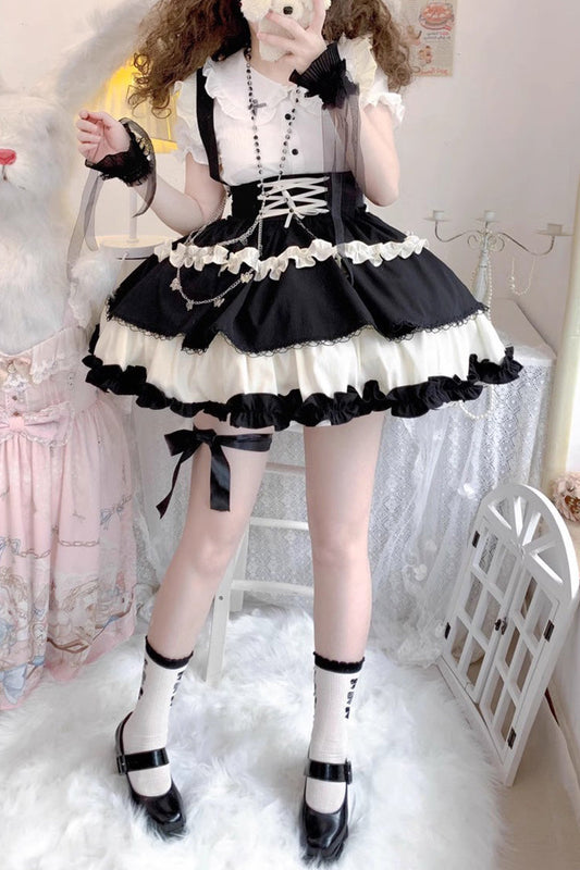 Strappy Doll Collar Ruffle Sweet Tiered Skirt in 7 Colors