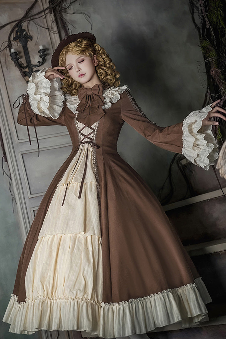 Brown Beige Nutcracker Stand Collar Long Trumpet Sleeves Ruffle Cardigan Lace-Up Sweet Lolita Dress Set