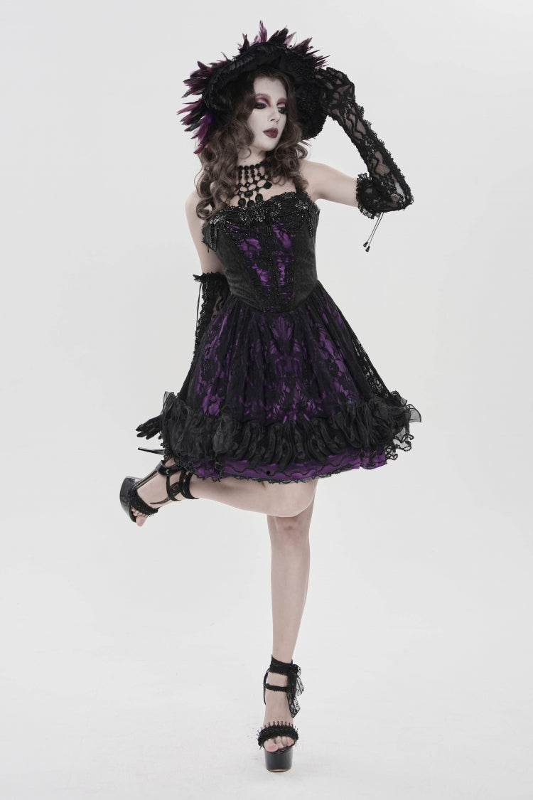 Off Shoulder Double-Layered Printed Cut-Out Lace Lace-Up Gothic Jsk Dress