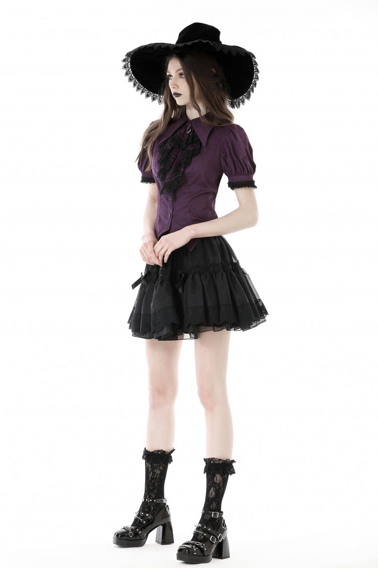 Periwinkle Moon Frill-Collar Puff-Sleeve Gothic Top