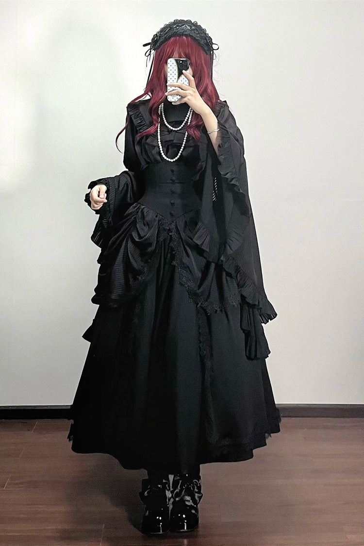 Black Sleepwalking Long Hime Sleeves Stitching Lace Plus Size Elegant Gothic Skirt Set
