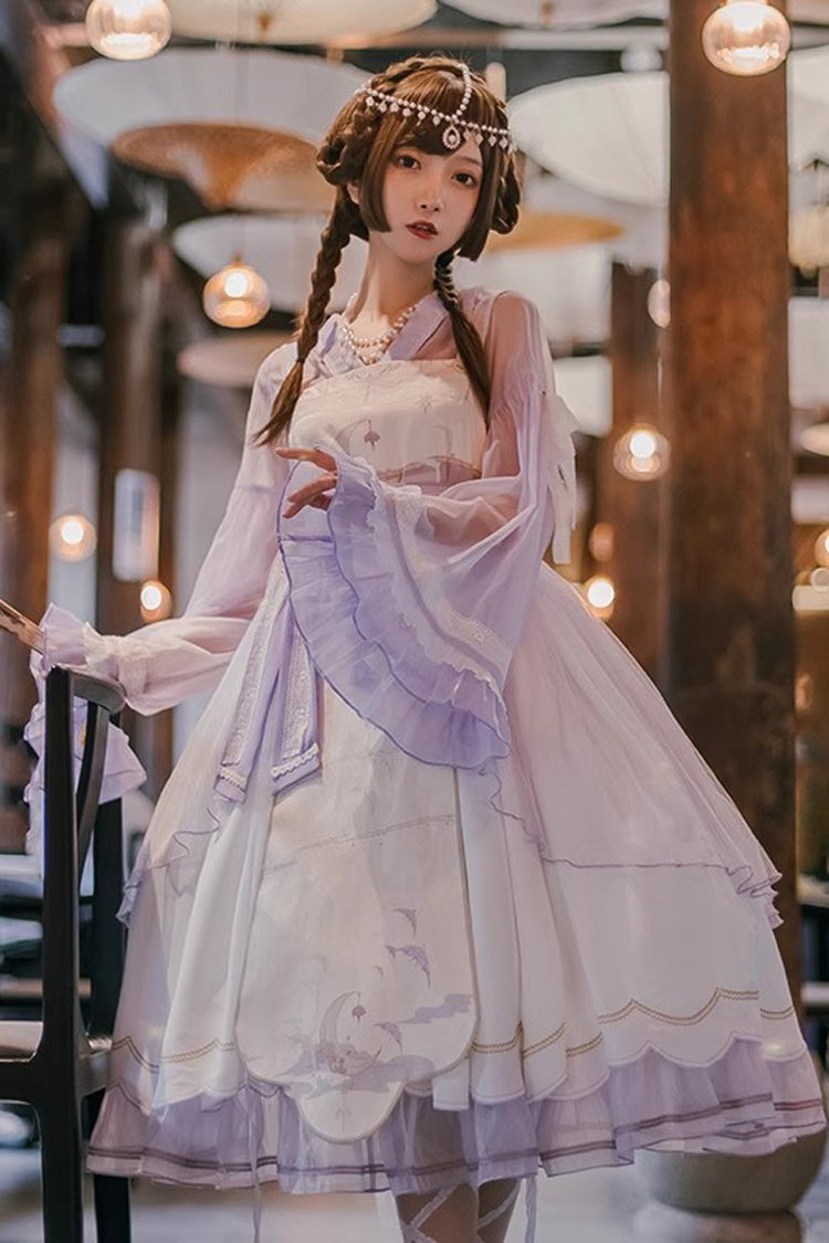 Chinese Style Lolita JSK Dress with Oriole Print and Ruffles - Night and the Oriole, 2 Tones