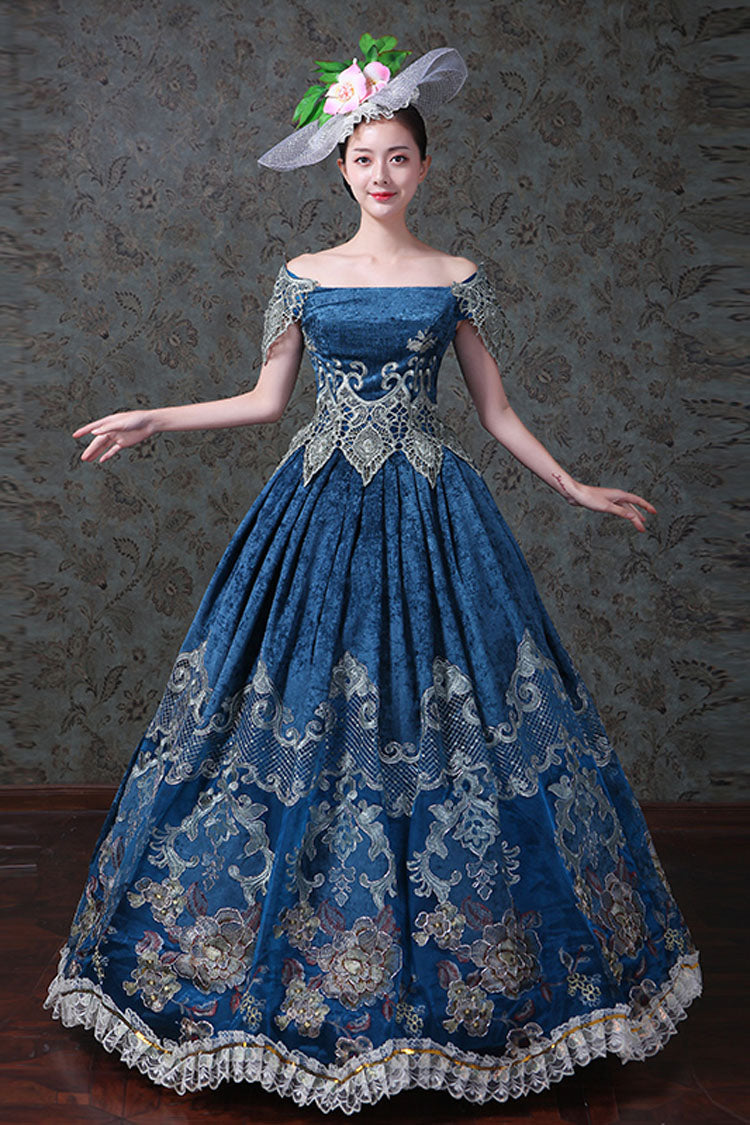 Azure Boat Neck Off-Shoulder High-Waist Embroidered Floral Victorian Lolita Evening Gown