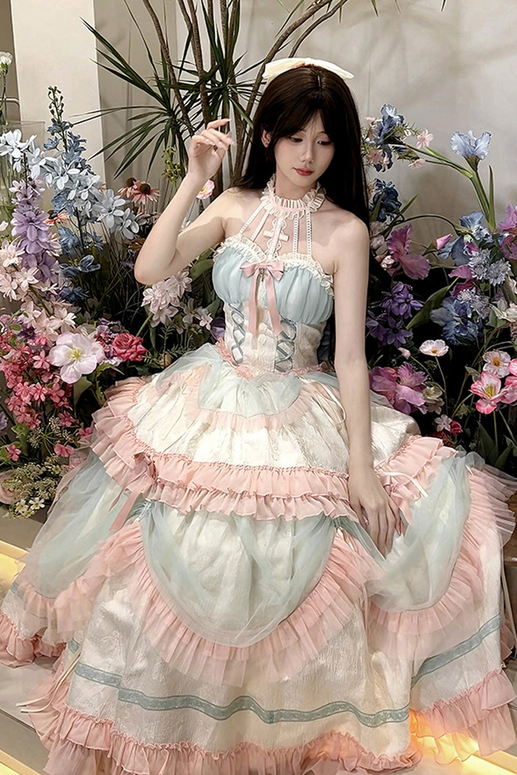 Multi-Color Mermaid Halterneck Lace-Up Sweet Lolita Dress - Ruffled Bowknot